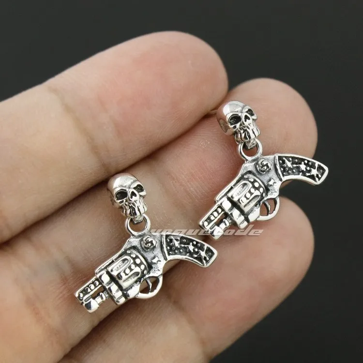 

925 Sterling Silver Skull Revolver Mens Biker Rocker Stud Earring 8M021_#pair