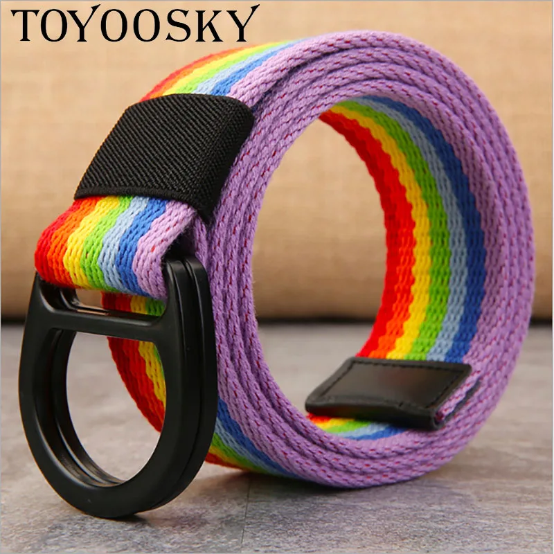 

2018 New Arrival Canvas Colorful Rainbow Belt Double Buckle High Quality Belt for Men and Women Hot Brand Luxury Belt TOYOOSKY