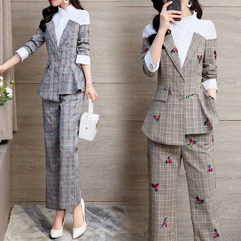 Spring Vintage Women's Pant Suits Irregular Print Spliced Blazer & Pencil Trouser Female Two Piece Sets Long Sleeve Office Suit