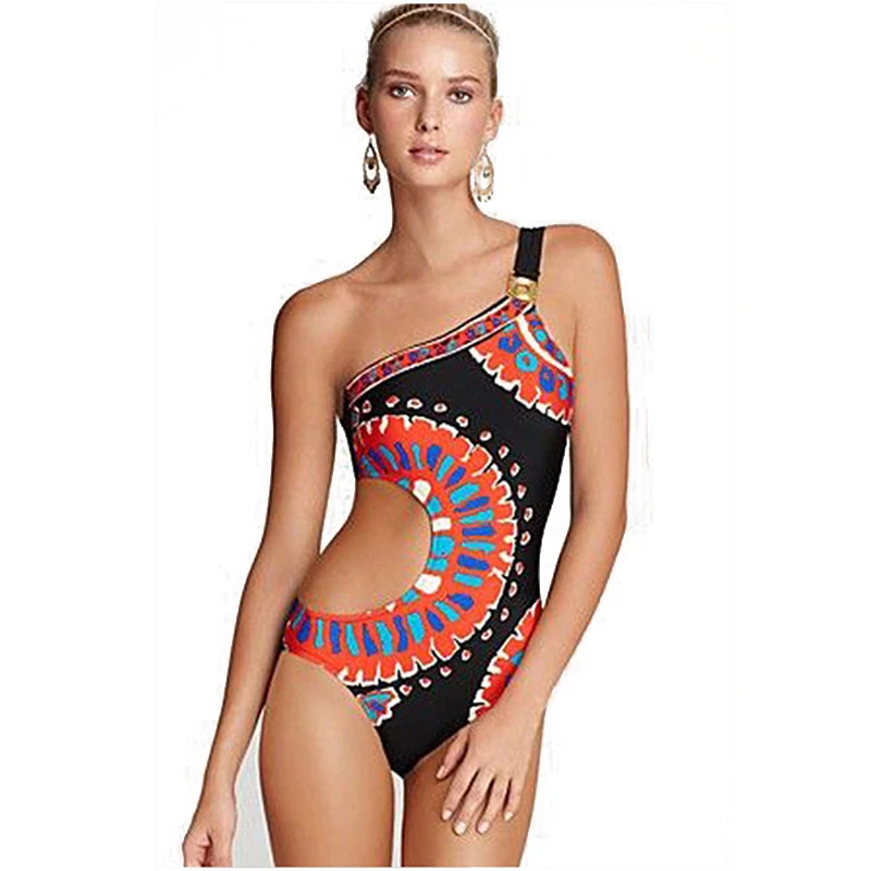

2018 Summer Swimwear Women Plus Size Shoulder Slung Indian Style Printing One Piece Swimsuit Female