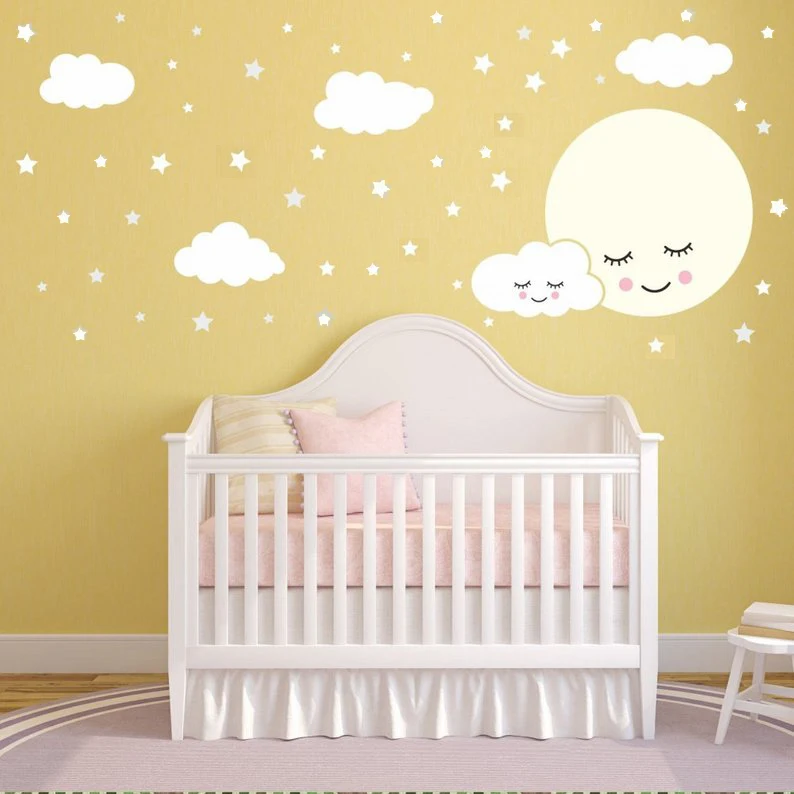 Виниловая наклейка на стену Full Moon With Cloud Stars для детской комнаты съемная Наклейка