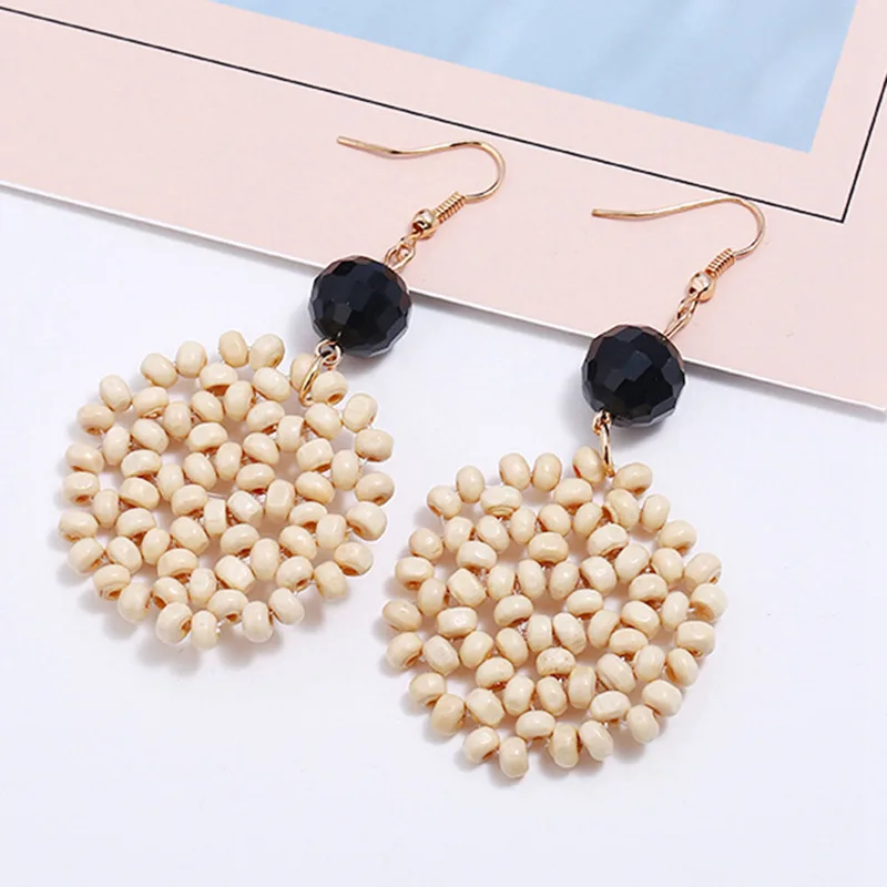 

Handmade Beads Drop Earrings For Women Wooden Straw Weave Rattan Earrings Big Round Sector Wedding Trendy Dangle Jewelry