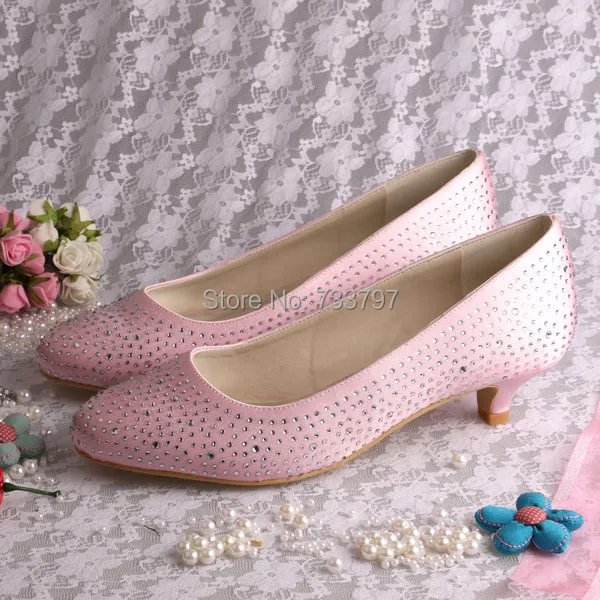 2016 Fashion Women Wedding Pumps Pink Round Toe Satin 4 CM Low Heel Prom Shoes