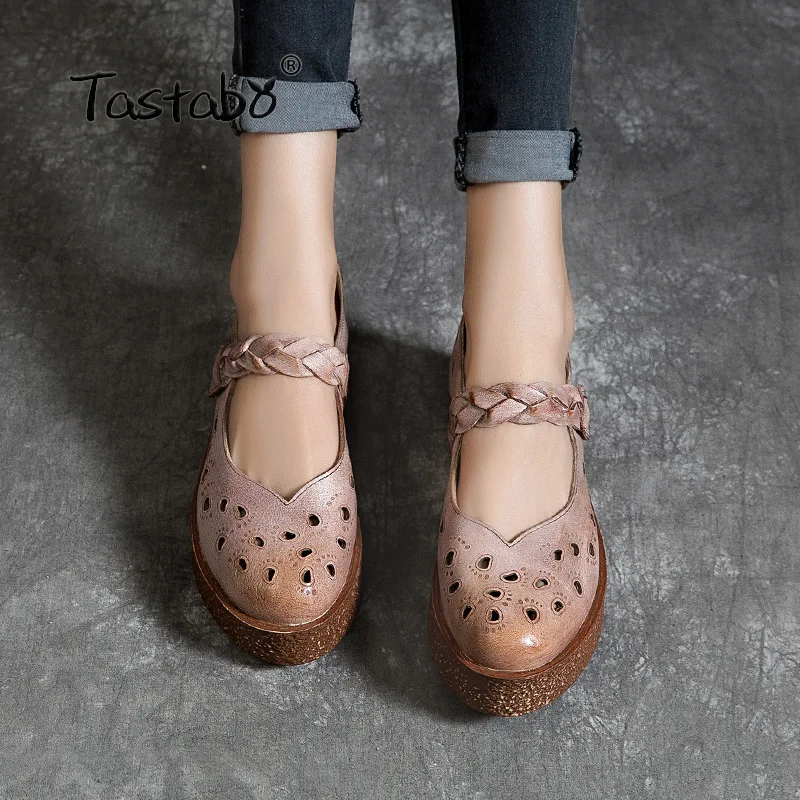 Tastabo Genuine Leather Women's shoes Thick bottom design simple casual style Z1921 Leather comfortable insole Brown Sand 35-40