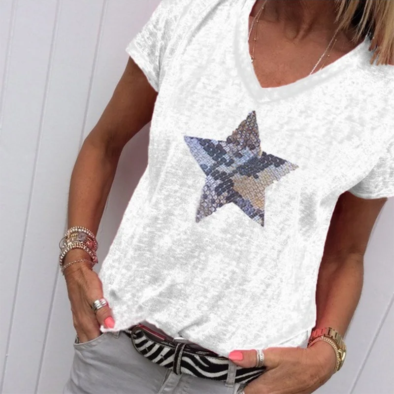 Women T Shirt New Fashion Women T Shirt Sequins V Neck Five pointed ...