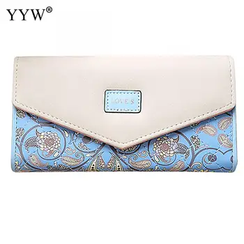 

5 Color Fashion Envelop Women'S Purse Pu Leather Flower Wallet Women Snap Fastener Clutch Bag Large Capacity Lady Long Wallets