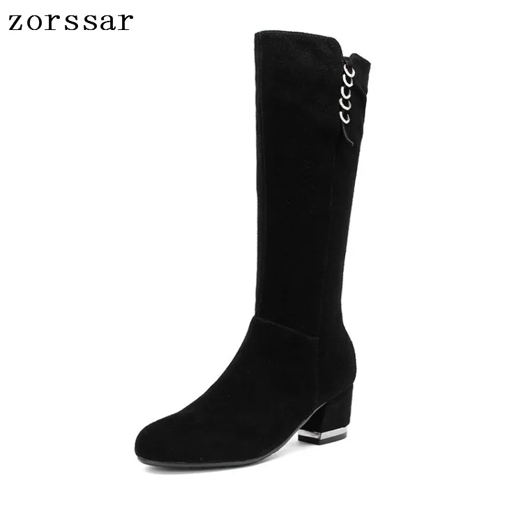 

{Zorssar} fashion Suede Women High Boots nubuck Leather Square High heel Knee High Boots Women snow boots Winter shoes Size 42