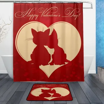 

Happy Valentine's Day Shower Curtain and Mat Set, Heart Love Cats Waterproof Fabric Bathroom Curtain