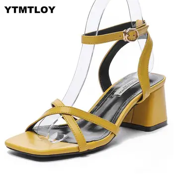 

Summer 2019 HOT New High Heels Women's Shoes With Open Toe Suede Sexy Word Buckle Women Sandals Rome Gladiator Red yellow