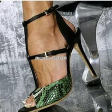 ALMUDENA/женские пикантные туфли-лодочки на высоком каблуке из змеиной кожи; Цвет зеленый, синий; Туфли на тонком каблуке с пряжкой и ремешком; обувь для вечеринок в стиле пэчворк; обувь из кожи питона