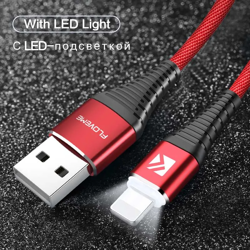 Светодиодный кабель FLOVEME для быстрой зарядки и USB для iPhone X, 7, 8, 6, 6s plus, нейлоновые кабели для мобильных телефонов, для iPad, Apple, кабель для передачи данных - Цвет: Red with LED