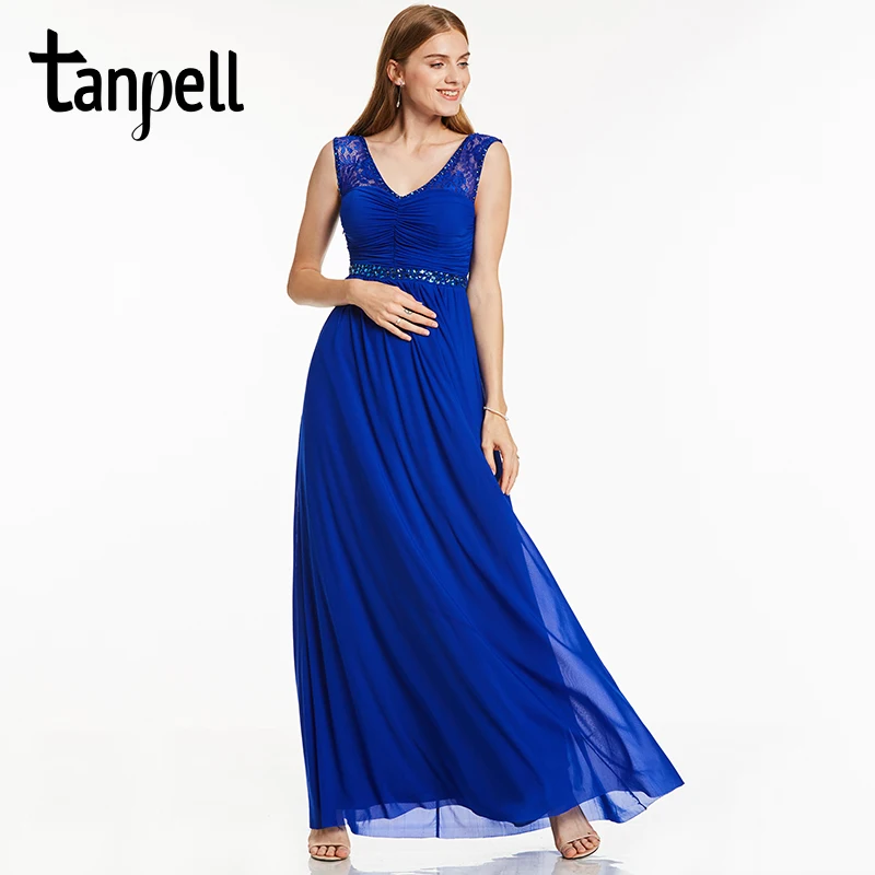 

Tanpell long evening dress royal blue scoop sleeveless crystal lace straight floor length gown women party formal evening dress