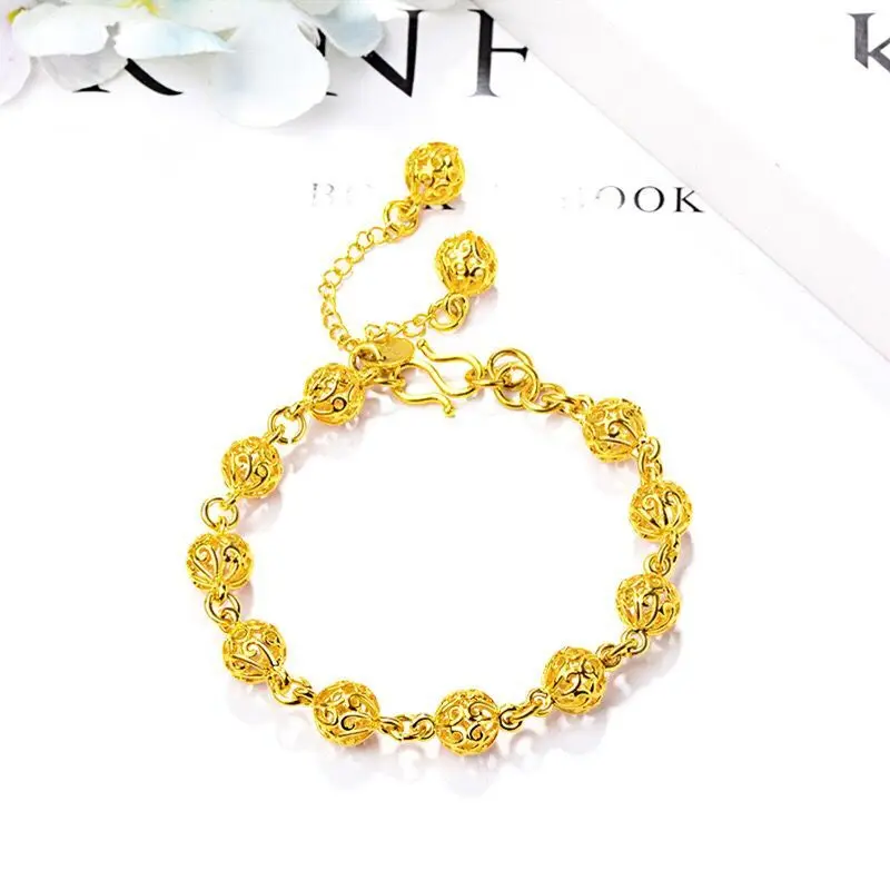 

MGFam (16.5cm+4.5cm) Hollow out Round Ball Bracelet Jewelry For Women Cassical Designs Pure Gold Color Allergy Free