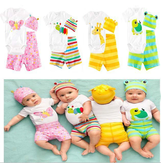 3 предмета, 0-18 месяцев, летняя одежда для малышей, милый комбинезон с мультяшными животными для мальчиков и девочек, боди+ шорты+ шапочка, комплекты одежды для новорожденных, BC1272