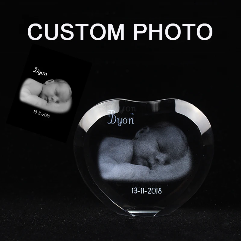 Custom Charming Heart 2D 3D Photo Laser Engraving Baby Family Wedding Pets Image Crystal Frame | Дом и сад