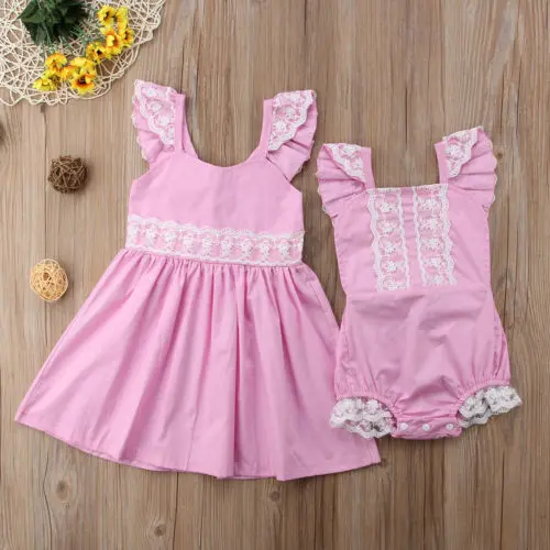 

Summer Kids Baby Girls Sister Matching Lace Clothes Bodysuit Dress Outfits Pink Backless Lace Up Sundress Outfits