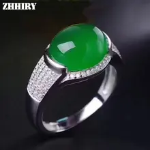ZHHIRY Настоящее натуральное зеленое халцедоновое кольцо подлинное твердое 925 пробы серебро для женщин большой нефрит драгоценный камень кольца хорошее ювелирное изделие