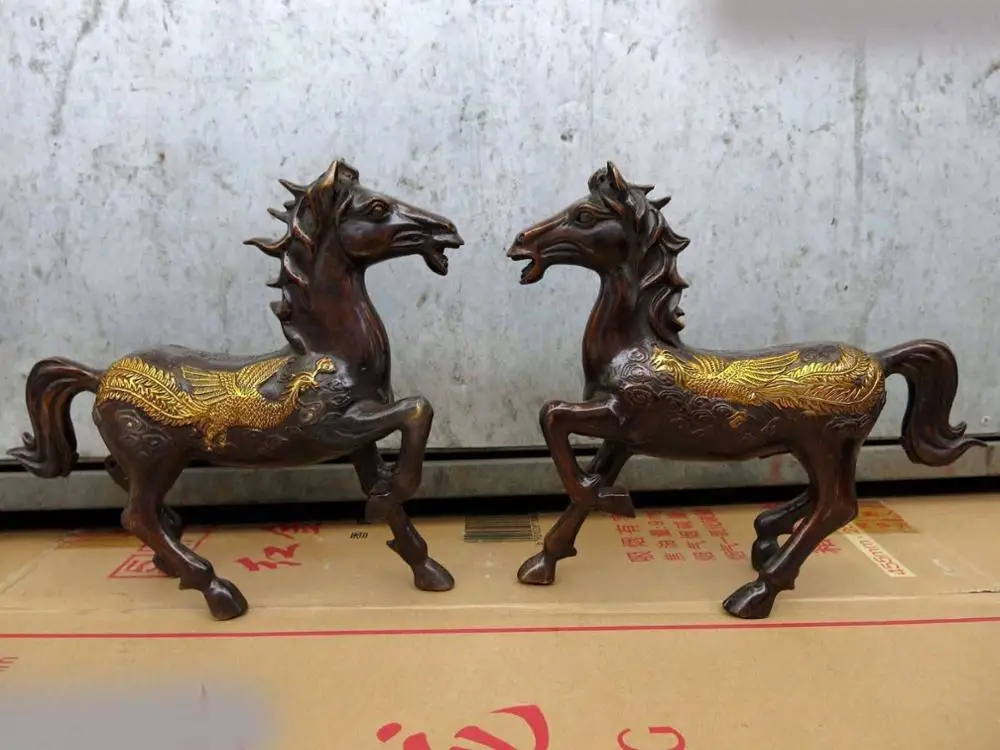 

10" China Brass copper carved dragon Phoenix lucky horse pair Sculpture Statue