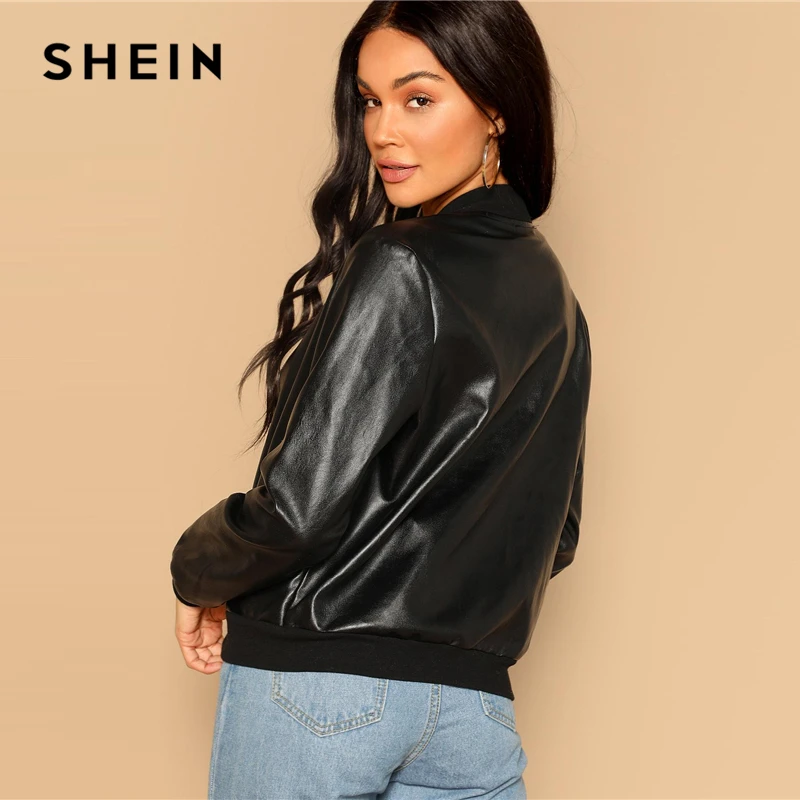 amazing  SHEIN Black Zip Up Faux Leather Bomber Jacket Casual Stand Collar Pocket Plain Outerwear 2019 Women