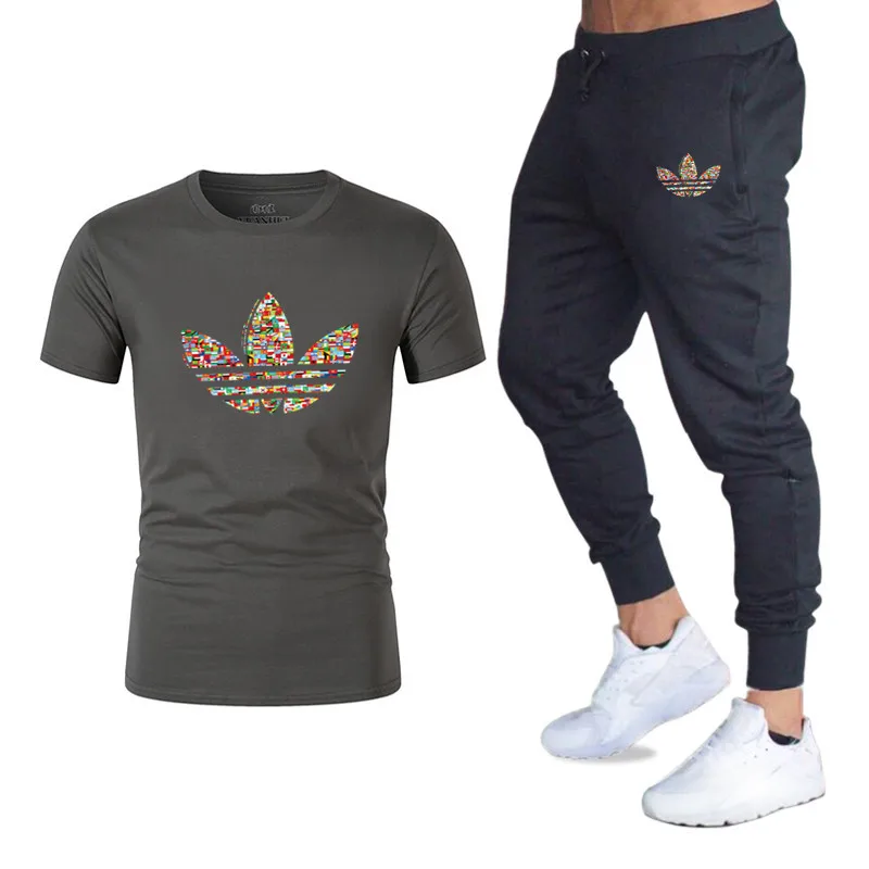 free shipping Summer Hot Sale Men's Sets T Shirts+pants Two Pieces Sets Casual Tracksuit Male Tshirt Gyms Fitness trousers men