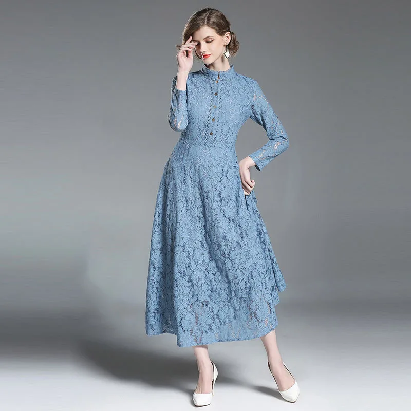 

HAMALIEL Newest Autumn Long Maxi Dress Fashion Women Blue Hollow Out Stand Collar Dress Casual Slim Ball Gown Vintage Vestidos