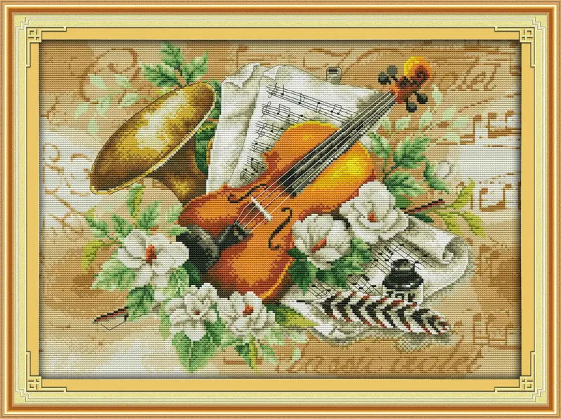 Fleurs et le violon Imprimé sur Toile DMC Compté Chinois Point De Croix