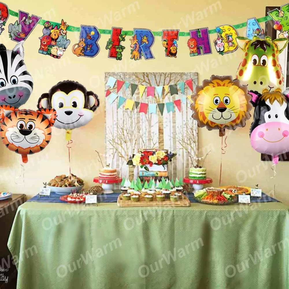 OurWarm 6 шт. воздушные шары из фольги в виде животного и 1 шт. бумажные баннеры с животными на день рождения украшения для вечеринки детские вечерние принадлежности для душа