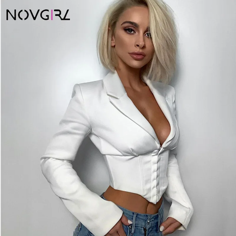 

Novgirl Sexy White Long Sleeve Women Blouse Shirts 2019 Summer Fashion Notched Neck Ladies Formal Crop Tops Streetwear Blousa