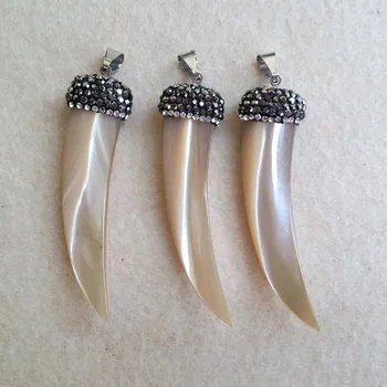 

5PCS Tusk Horn Natural shell Pendant, Rhinestone Findings Pave Rhinestone Crystal Caps,charm necklace DIY making supplies P20