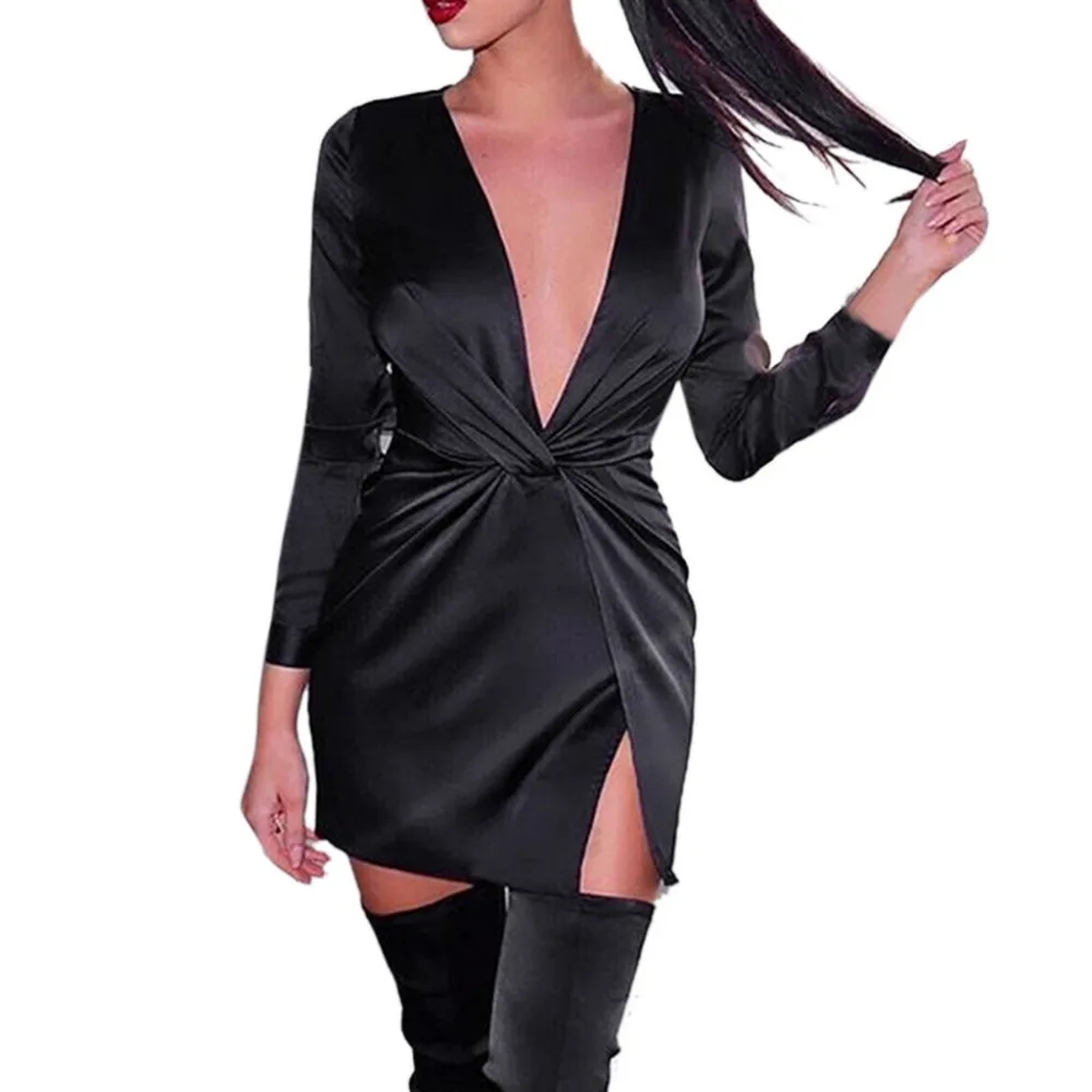

Dress Women 2019 new arrival Sexy Womens solid Bind Long Sleeve V-neck Bodycon Slit Party Holiday dresses summer Vestidos