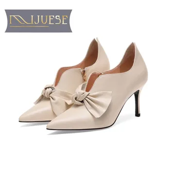 

MLJUESE 2019 women pumps cow leather autumn spring bow-tied pointed toe shallow thin heel high heels pumps party dress wedding