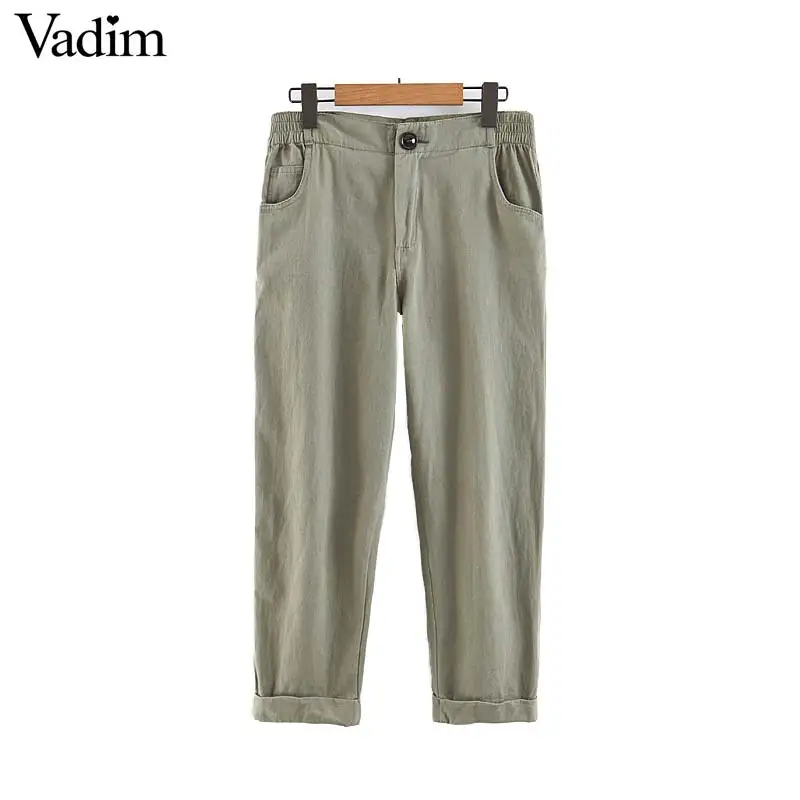 Vadim women solid ankle length cargo pants zipper fly elastic waist pockets female casual