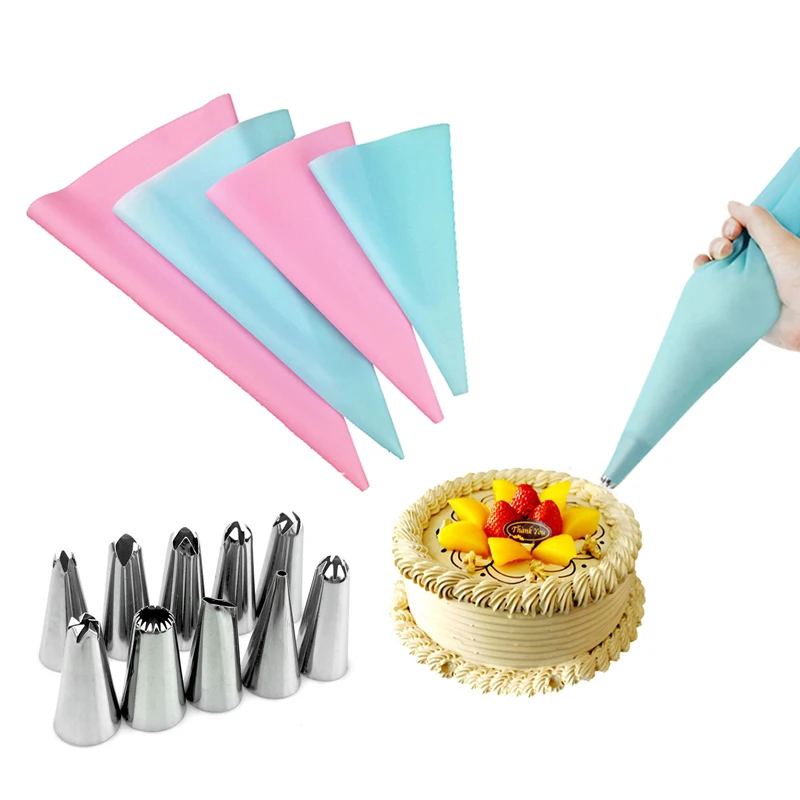 Qookiee 12pc/set Cake Decorating Tool Stainless Steel DIY Cake Nozzle with Pastry Bag Icing