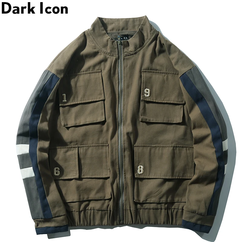 

Dark Icon Embroidery Multiple Pockets Cargo Jacket Men 2019 Fall Safari Style Patchwork Men's Jacket Streetwear Clothing