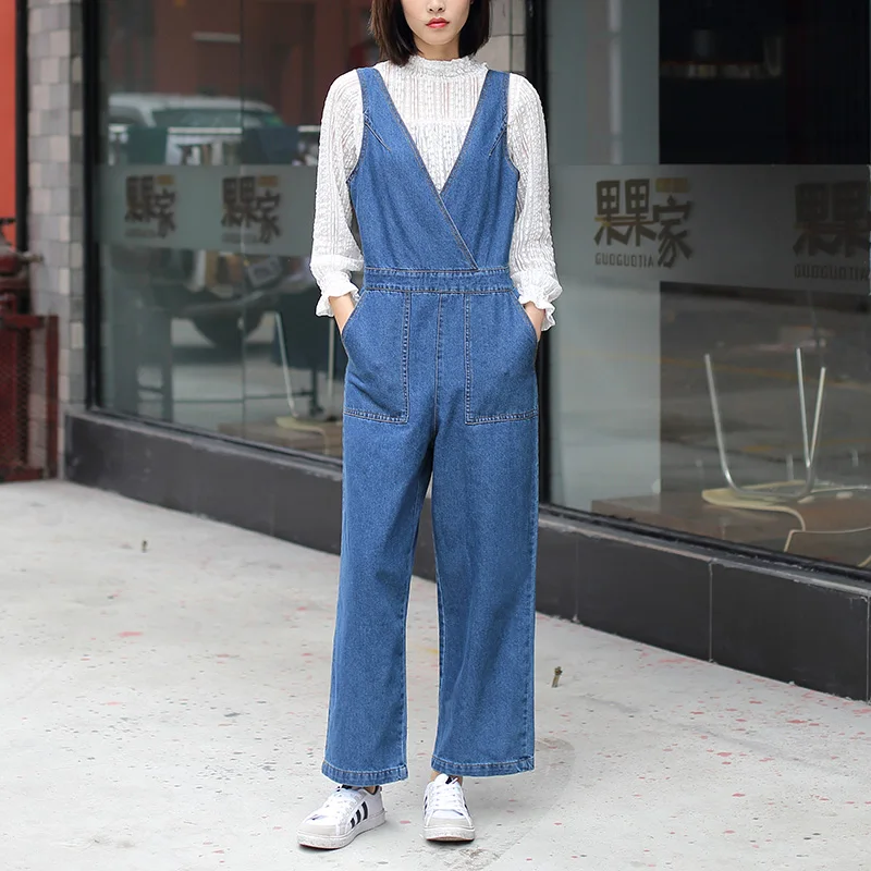 v neck denim overalls