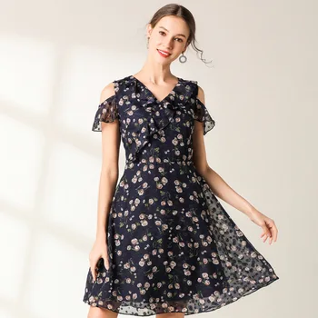 

2019 Summer women Floral Printed Chiffon Dress Elegant Casual Vestidos off the shoulder pinched waist sexy beach dresses XXXXXL
