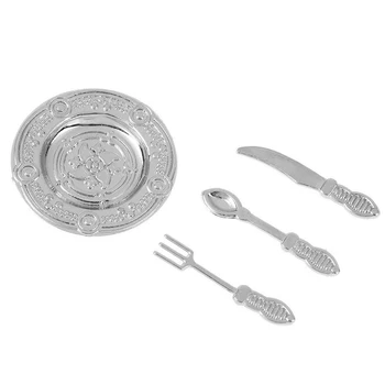 

4Pcs/Set Vintage Silverware Set Knife Spoon Fork and Dish Flatware Dollhouse Kitchen Accessories Scale 1:12 Miniature