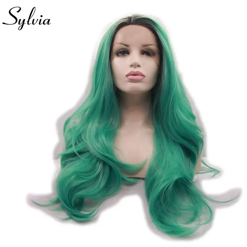 sylvia body wave black to apple green ombre synthetic lace front wigs with dark roots glueless heat resistant fiber hair body-wave : image sylvia body wave black to apple green ombre synthetic lace front wigs with dark roots glueless heat resistant fiber hair body-wave