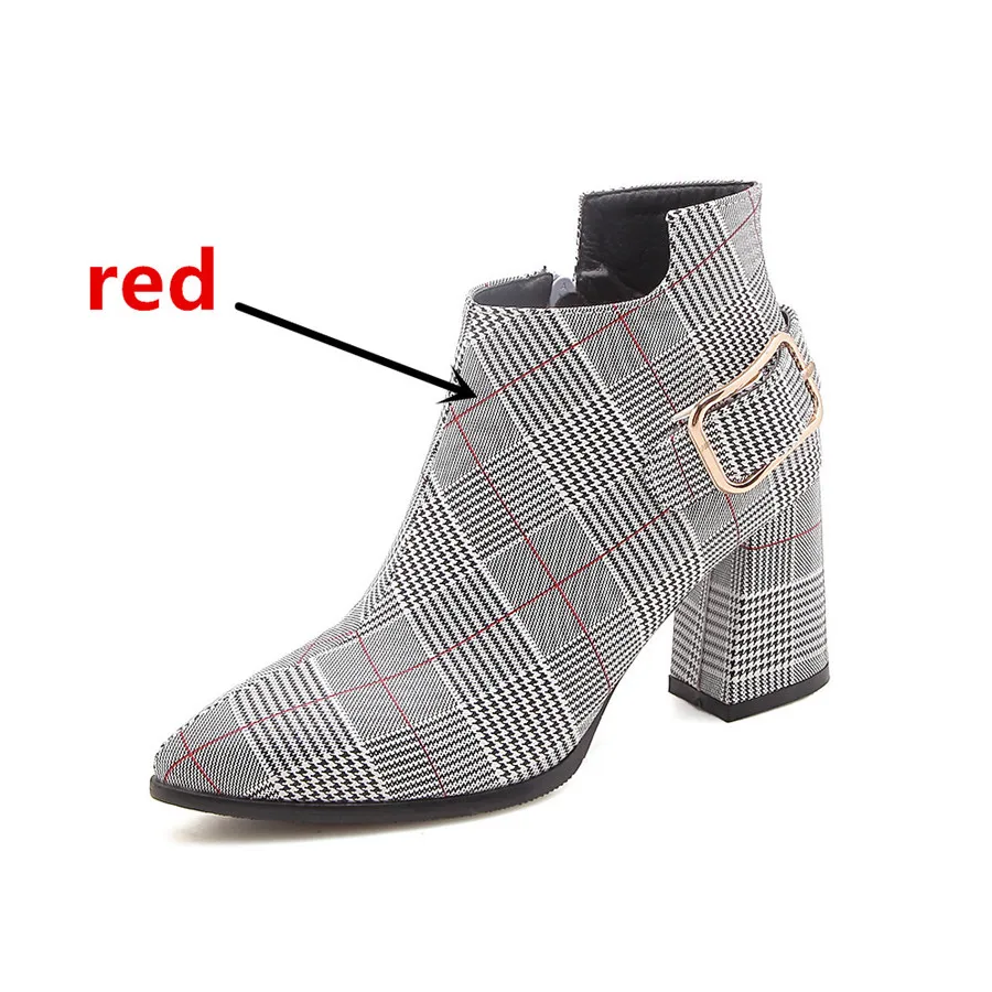 Г. Модные женские ботинки Женская обувь в клетку с острым носком на высоком каблуке пикантные осенне-зимние ботильоны, большие размеры 34-47 - Цвет: Red