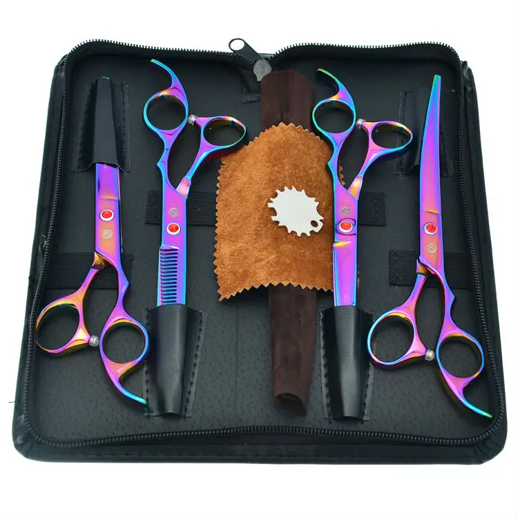

7.0" Rainbow Pet Grooming Scissors Set Cutting & 2 Curved & Thinning Scissors 4pcs/set for Dog Grooming, LZS0368