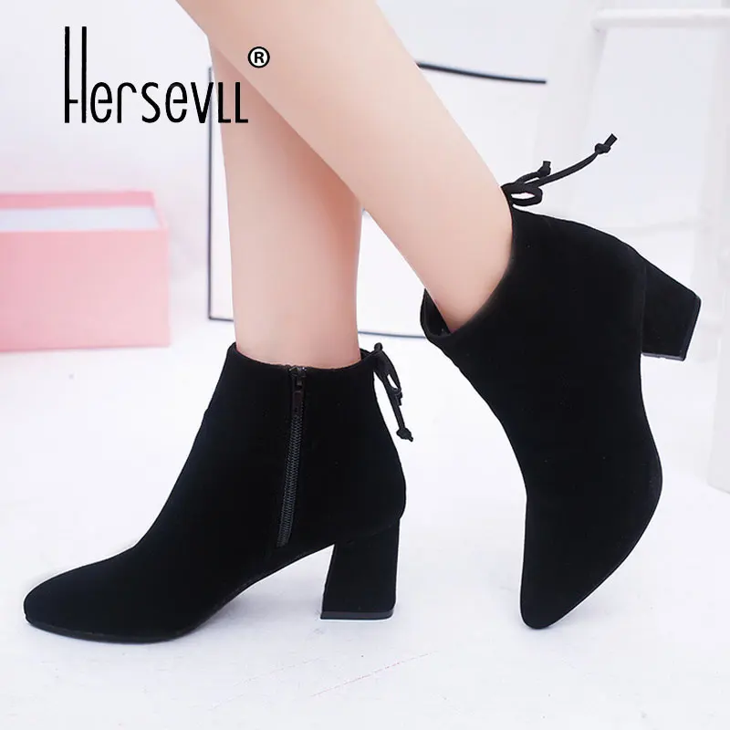 

New women's short boots of autumn winter pointed toe high heel hoof heels female boot grind sand Martin boot