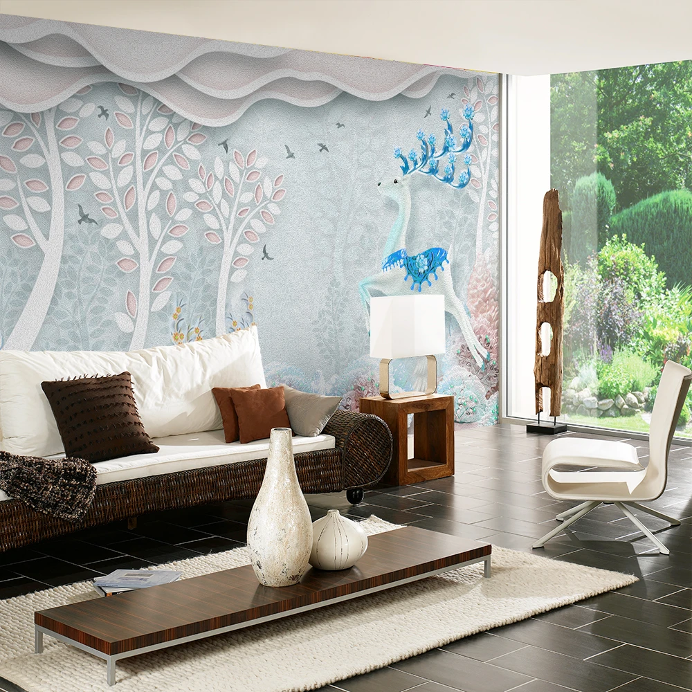 Custom 3d wallpaper modern 3D Nordic embossed forest flying bird elk deer TV background wall - silk waterproof material Custom 3d wallpaper modern 3D Nordic embossed forest flying bird elk deer TV background wall - silk waterproof material