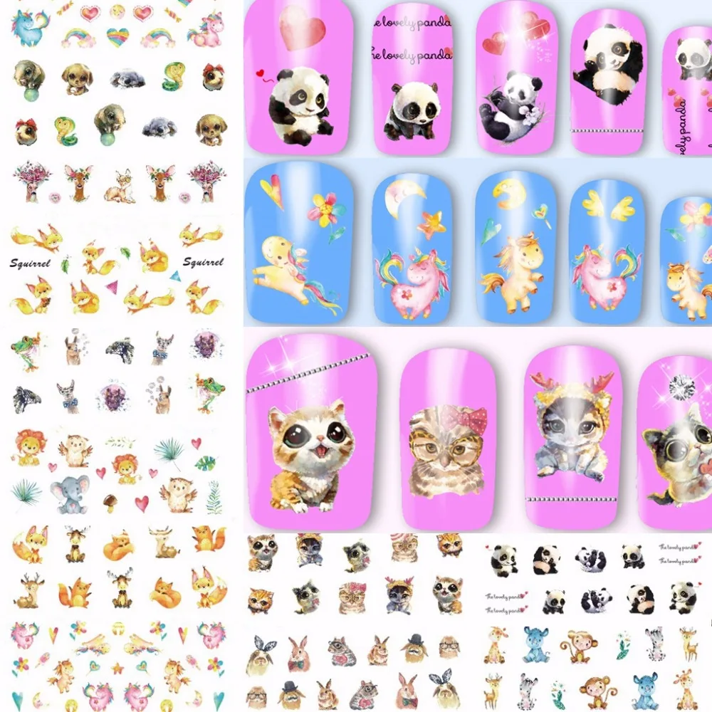 2018 12 sheets cute animals mixed design Water Transfer Decals Nail Art