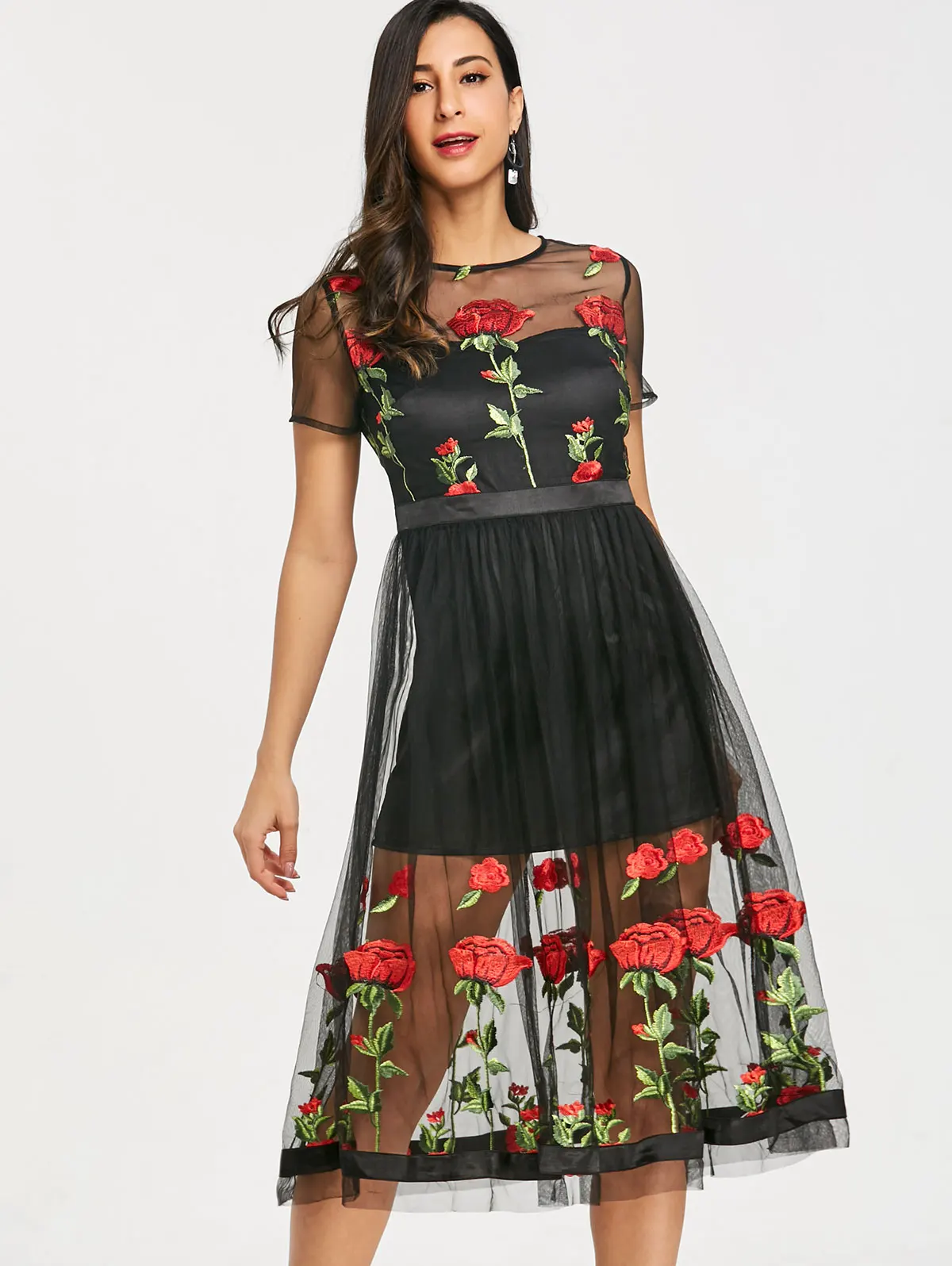 Gamiss Women Mid Calf Party Dress Embroidery Floral Sheer Tulle Dresses Short Sleeves A Line See