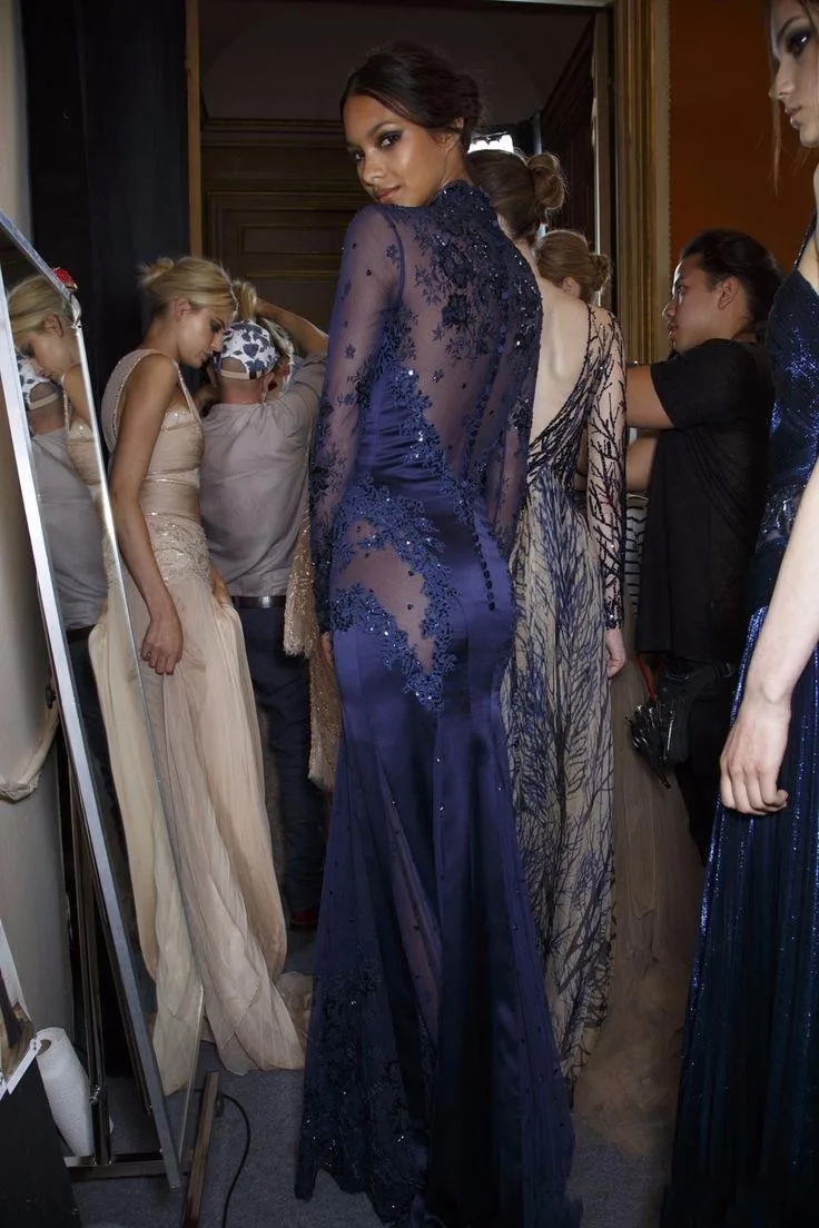High Neck 2016 Zuhair Murad Evening Dresses Long Sleeves Illusion Beads Lace Appliques Formal Prom Dressess Celebrity Oscar Gowns Navy Blue (3)_conew1