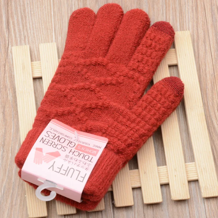 Перчатки для взрослых женщин и девочек с сенсорным экраном, вязаные жаккардовые перчатки, зимние теплые перчатки на весь палец ST14 - Цвет: red