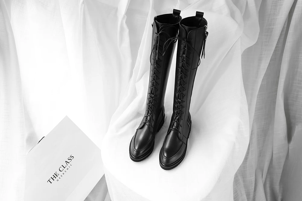 Kickway Motorcycle Boots Marten Women's Genuine Leather Lace Up Flat Autumn/winter Zipper Punk Boots Female Boots Large Size 42