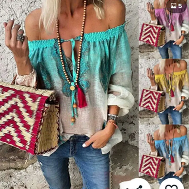 Plus Size 5XL 4XL Lace up Slash Collar Women Shirts 2019 Summer Sexy Long Sleeve Boho Loose Elastic Beach Lady Top Blouses Shirt