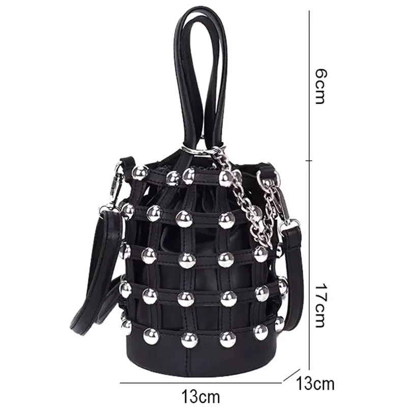 

NEW-Studded Bucket Bag Rivet Wallet Card Package Hollow Handbag Rock Style Round Mini Bag Black