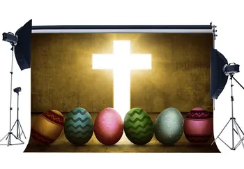 

Happy Easter Backdrop Holy Lights Cross Backdrops Painted Eggs Resurrection of Jesus Photography Background